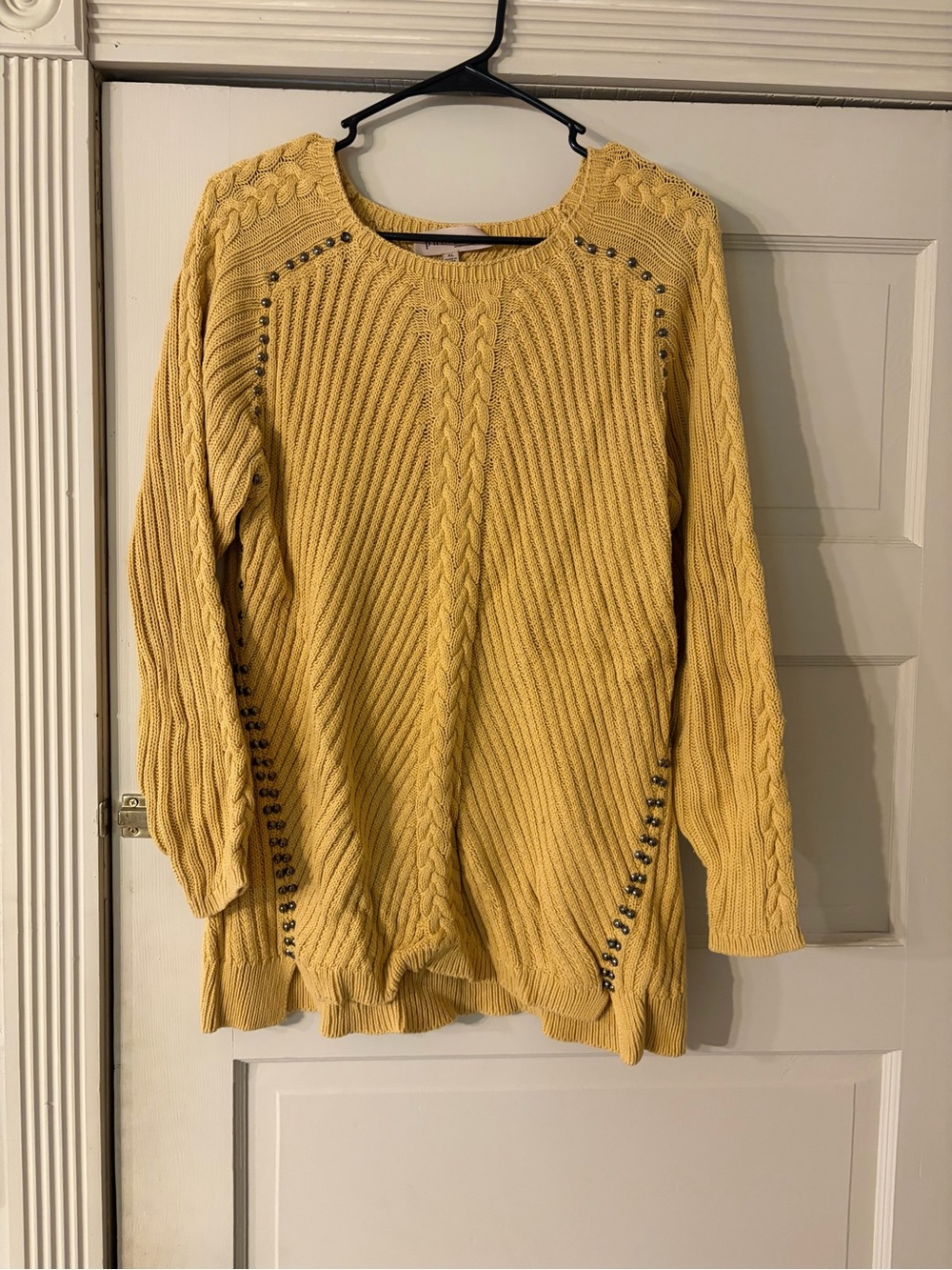 Philosophy Mustard Yellow Cable Knit Studded Crewneck Sweater